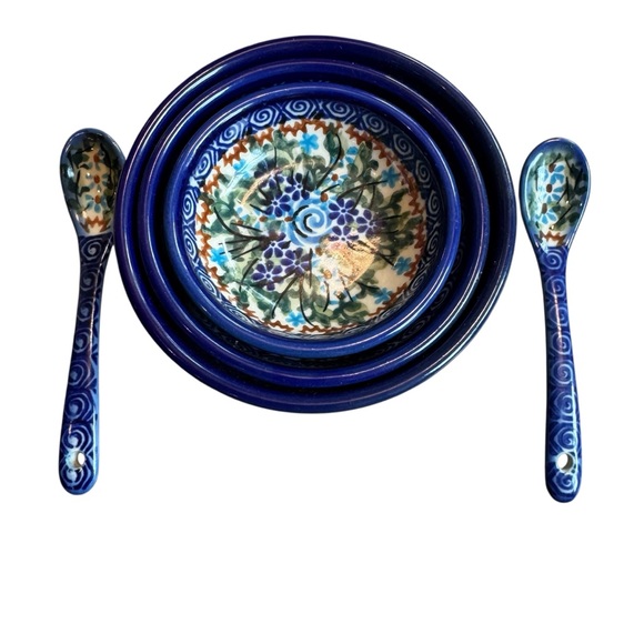 Unikat Boleslawiec Polish Art Pottery Hand Painted 3 Sm Nesting Bowls 2 Spoons - Picture 3 of 5